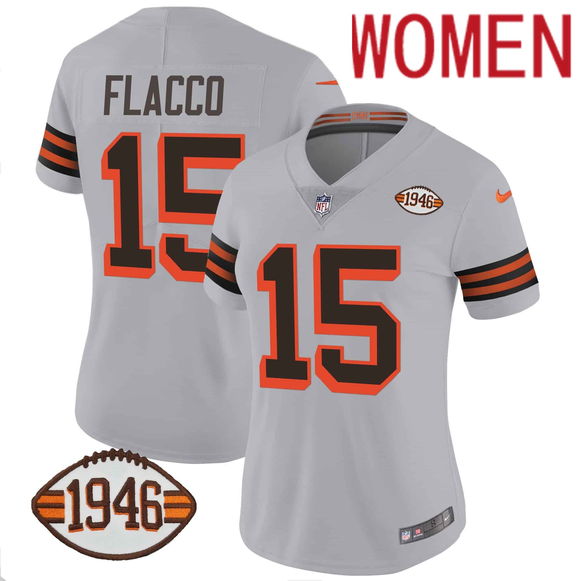 Women Cleveland Browns 15 Flacco Grey 1946 75th Anniversary Patch 2024 Nike NFL Jersey